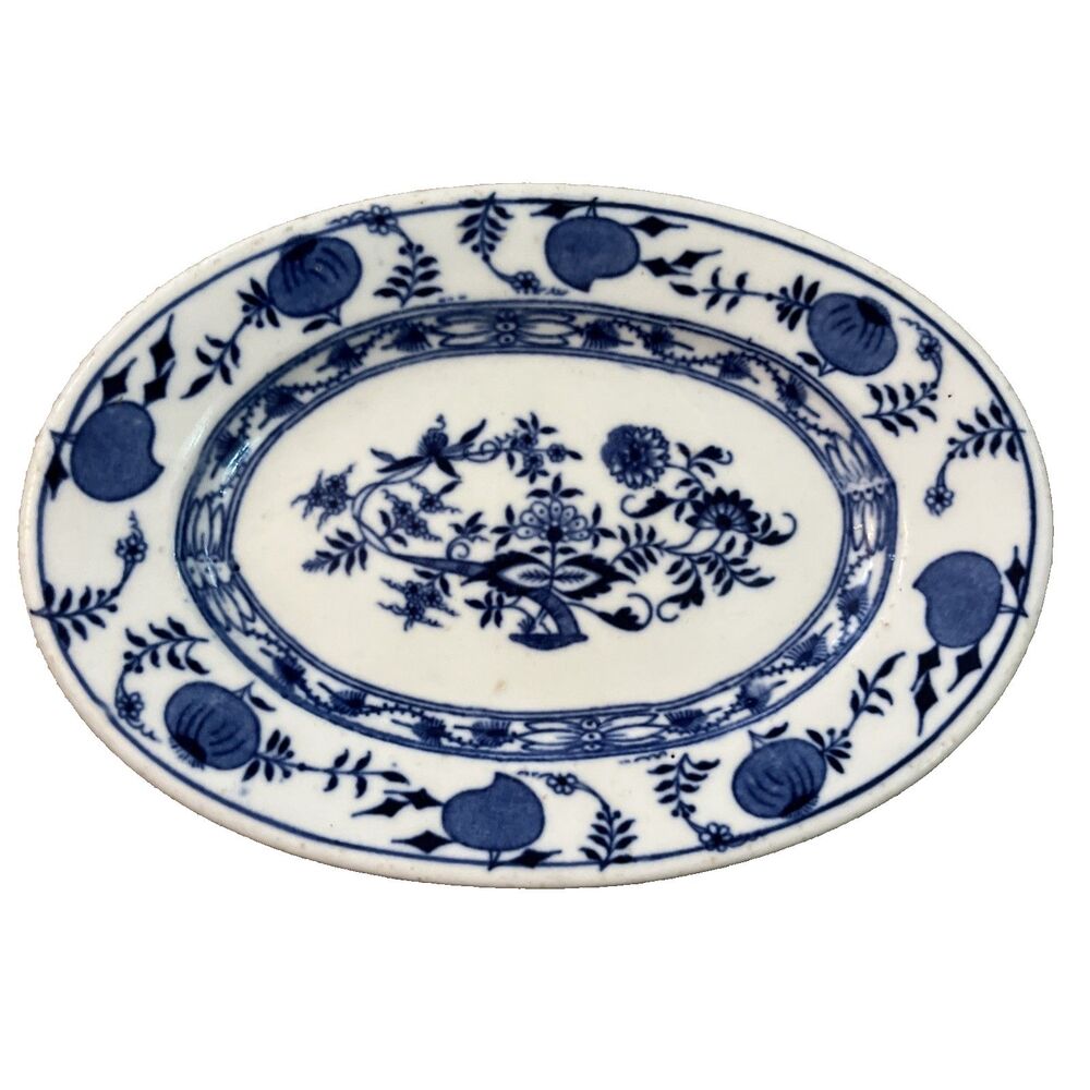 Antique Greenwood China Trenton NJ Small 7.75x5.5” Oval Dish Platter Blue Onion